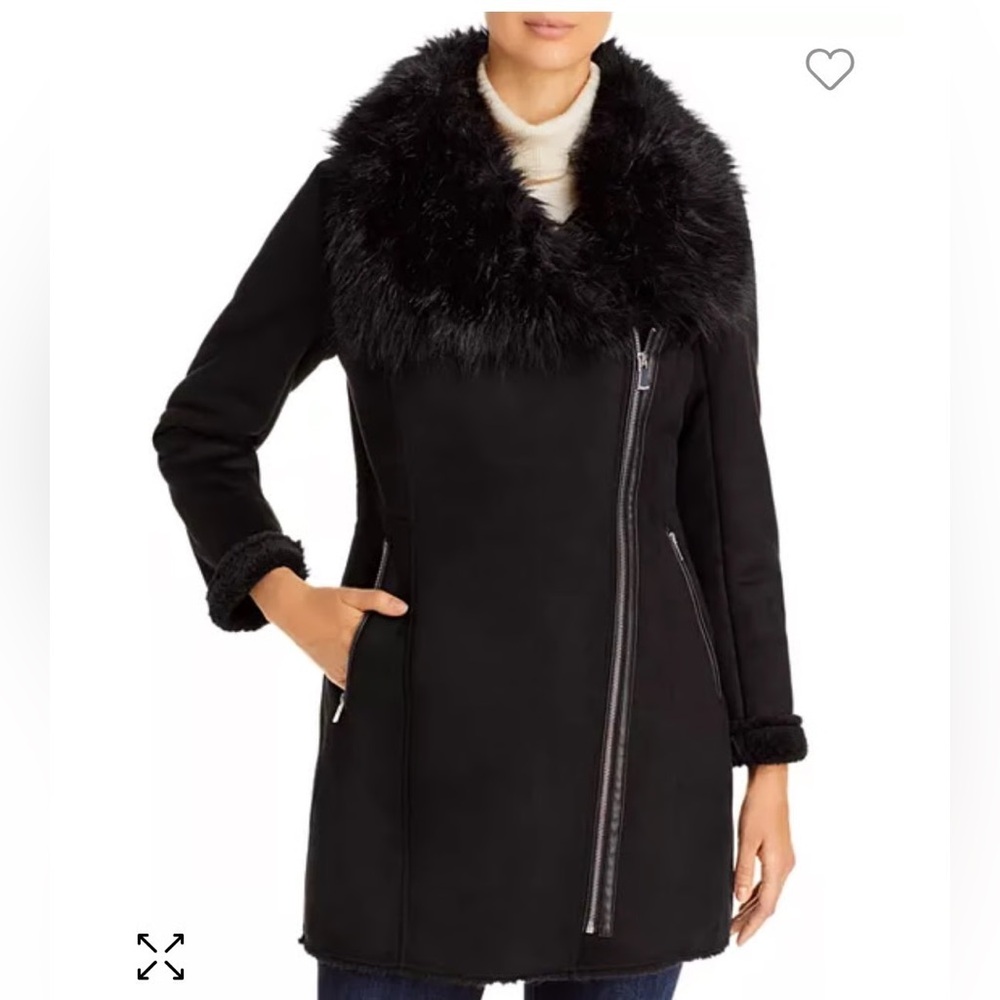 CALVIN KLEIN ASYMMETRICAL FAUX FUR TRIM COAT